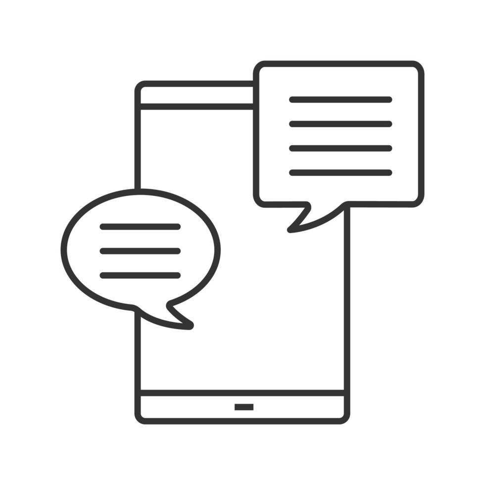 Smartphone with speech bubble linear icon. Thin line illustration. SMS, notification, message. Online chat. Forum. Contour symbol. Vector isolated outline drawing