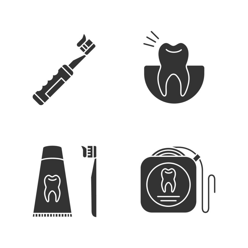 conjunto de iconos de glifo de odontología. estomatología. dolor de muelas, cepillo de dientes eléctrico con pasta de dientes, dentífrico, hilo dental. símbolos de silueta. ilustración vectorial aislada vector