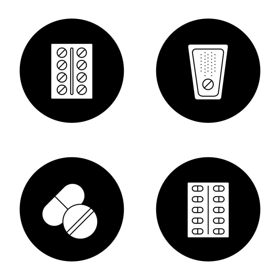 Pills glyph icons set. Medications. Vector white silhouettes illustrations in black circles
