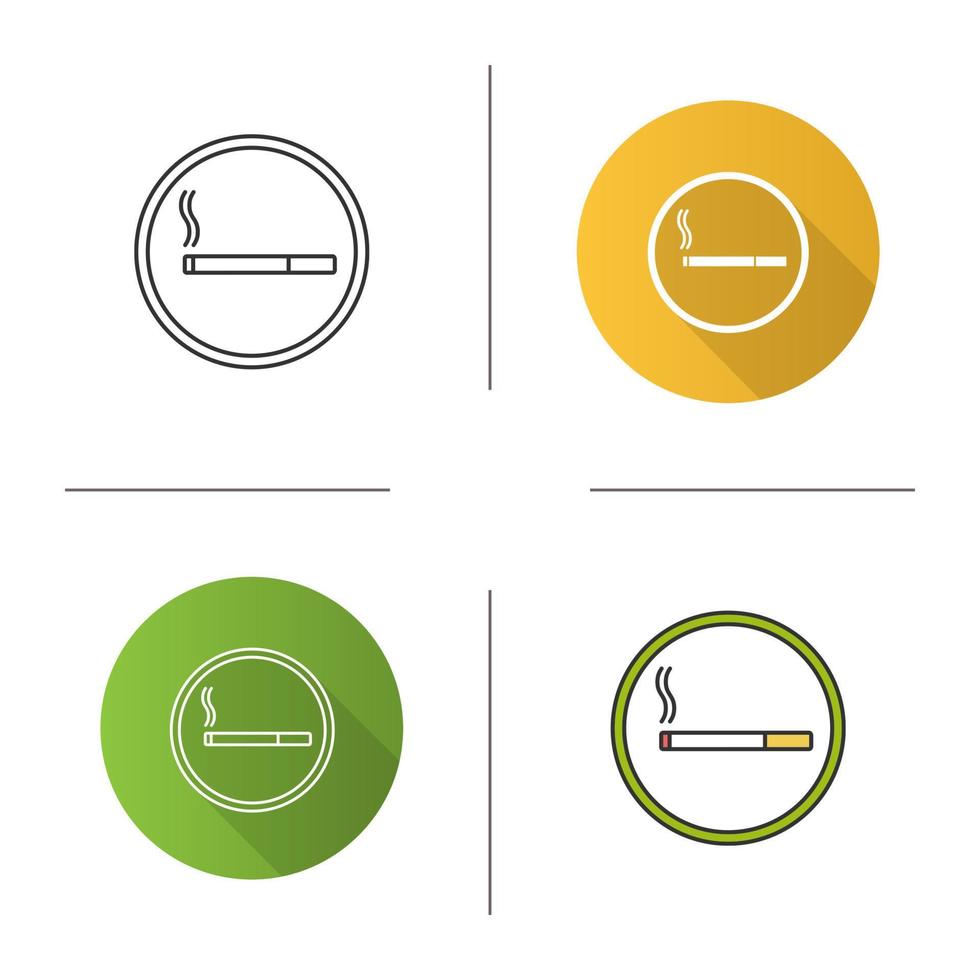 Smoking area sign icon. Circle with burning cigarette inside. Flat design, linear and color styles. Isolated vector illustrations