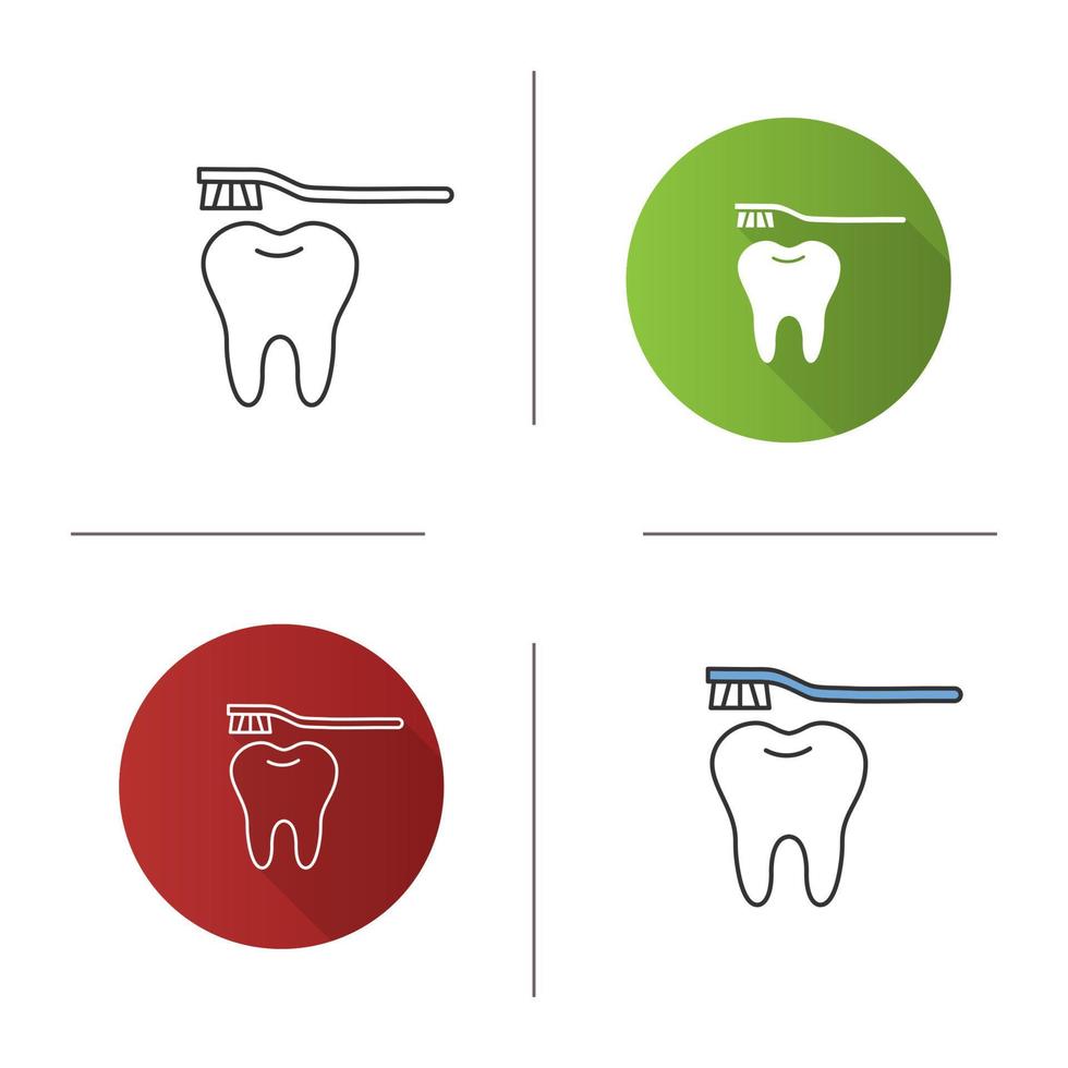 Correct teeth brushing icon. Flat design, linear and color styles. Tooth with toothbrush. Isolated vector illustrations