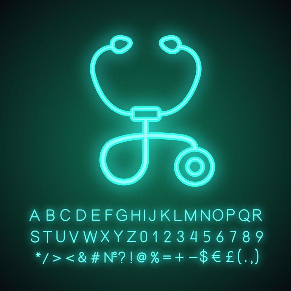 Stethoscope neon light icon. Phonendoscope. Glowing sign with alphabet, numbers and symbols. Vector isolated illustration