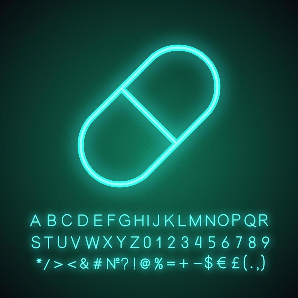 Pill neon light icon. Medication. Glowing sign with alphabet, numbers and symbols. Vector isolated illustration