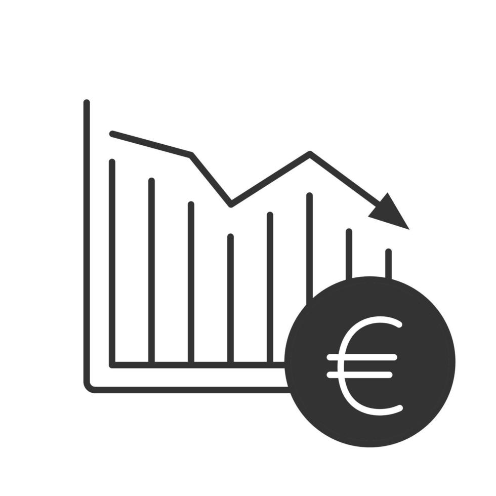 Euro falling glyph icon. Statistics diagram with European Union currency sign. Silhouette symbol. Financial collapse. Negative space. Vector isolated illustration