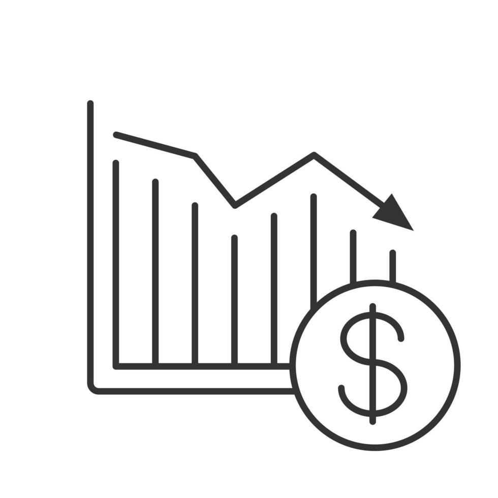 dólar cayendo icono lineal. diagrama de estadísticas con signo usd. ilustración de línea delgada. colapso financiero. símbolo de contorno dibujo de contorno aislado vectorial vector