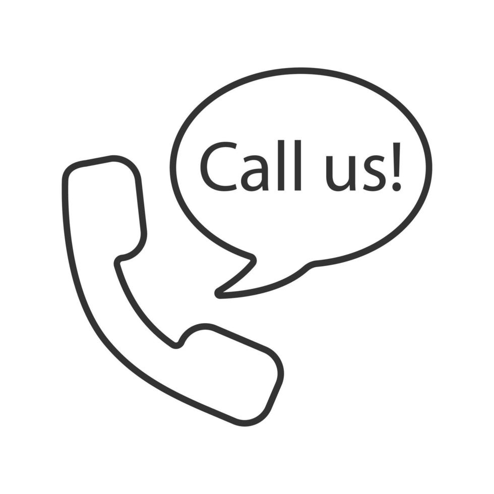 Handset and speech bubble with call us inside linear icon. Hotline. Thin line illustration. Voice message. Contour symbol. Vector isolated outline drawing