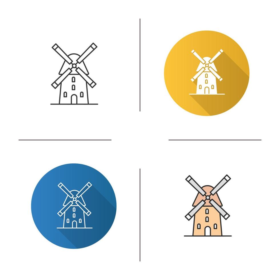 Windmill icon. Flat design, linear and color styles. Isolated vector illustrations