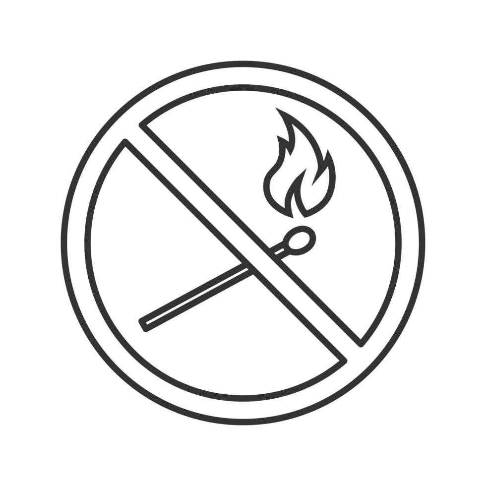 signo prohibido con un icono lineal de cerilla en llamas. ilustración de línea delgada. no hay prohibición de luces desnudas. detener el símbolo de contorno. dibujo de contorno aislado vectorial vector