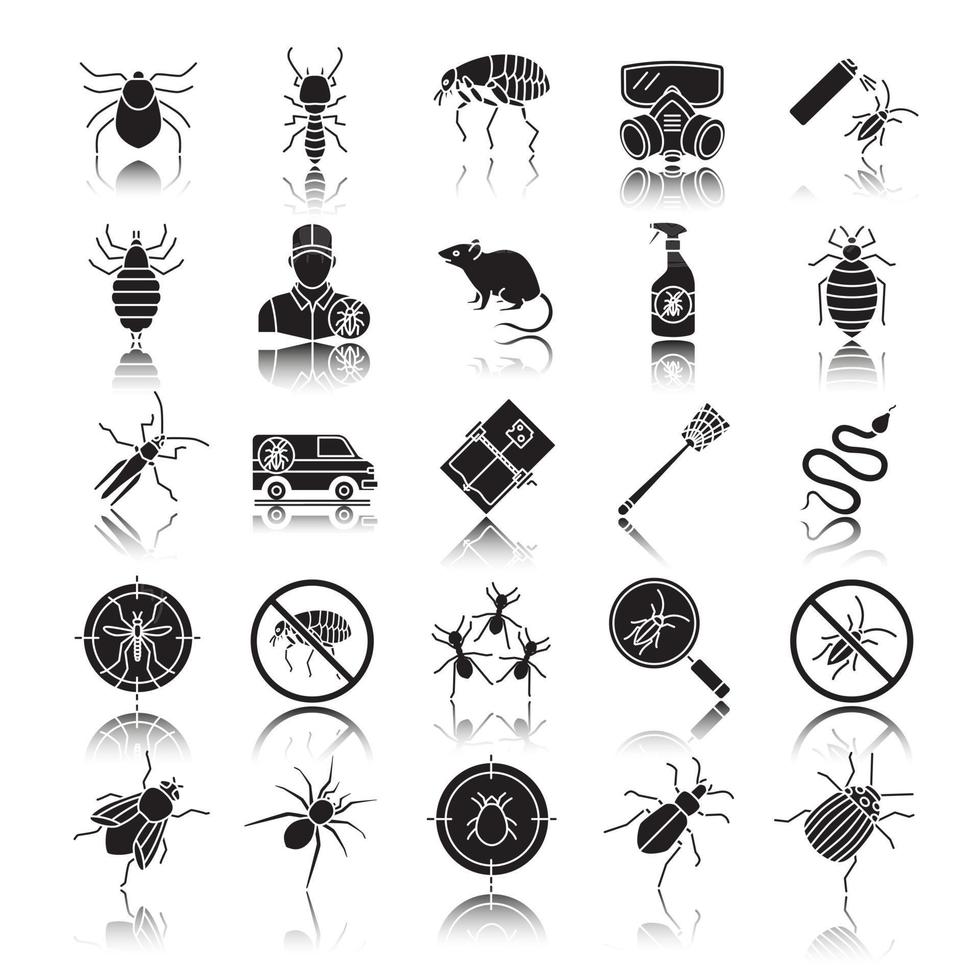 conjunto de iconos de glifo negro de sombra de gota de control de plagas. exterminio. animales e insectos dañinos. ilustraciones de vectores aislados