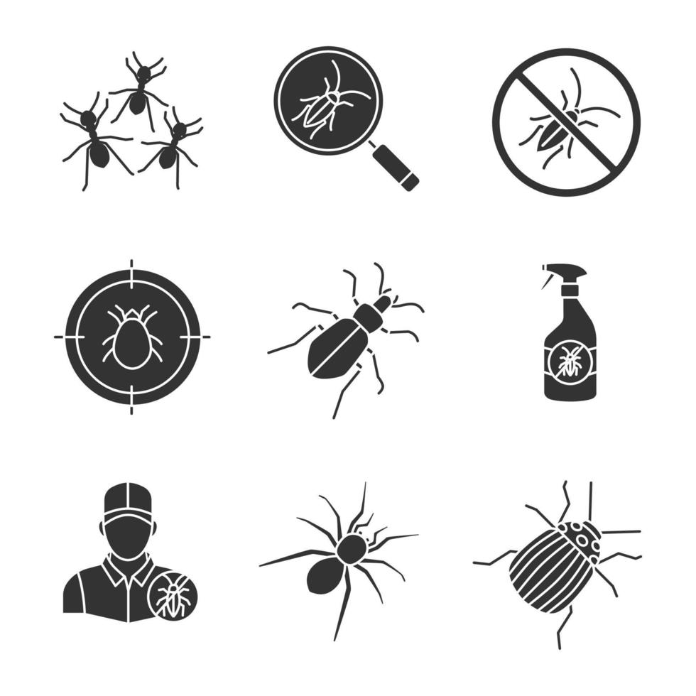 Pest control glyph icons set. Cockroach searching, ants, roaches repellent, mite target, ground beetle, colorado bug, spider, exterminator. Silhouette symbols. Vector isolated illustration