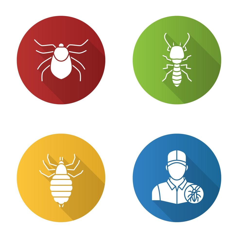 Pest control flat design long shadow glyph icons set. Mite, termite, louse, exterminator. Vector silhouette illustration