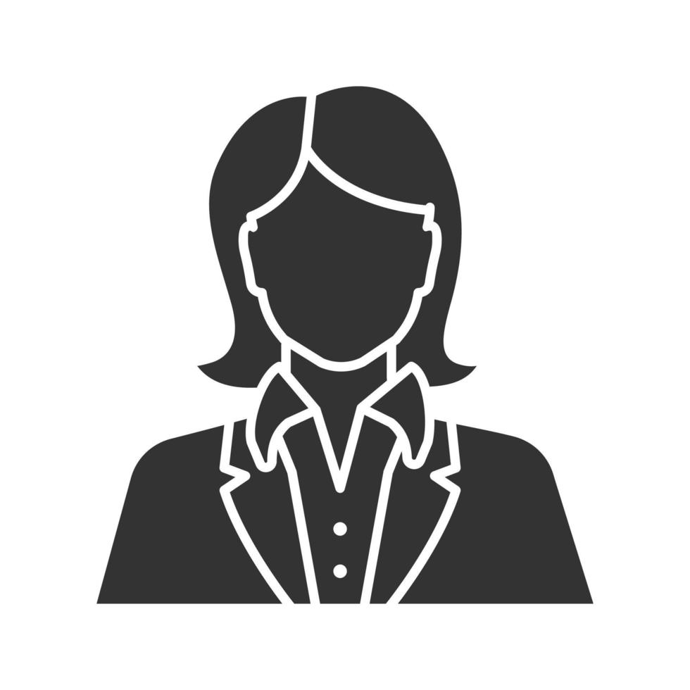Office worker glyph icon. Businesswoman, admin, manager, secretary, receptionist. Silhouette symbol. Negative space. Vector isolated illustration