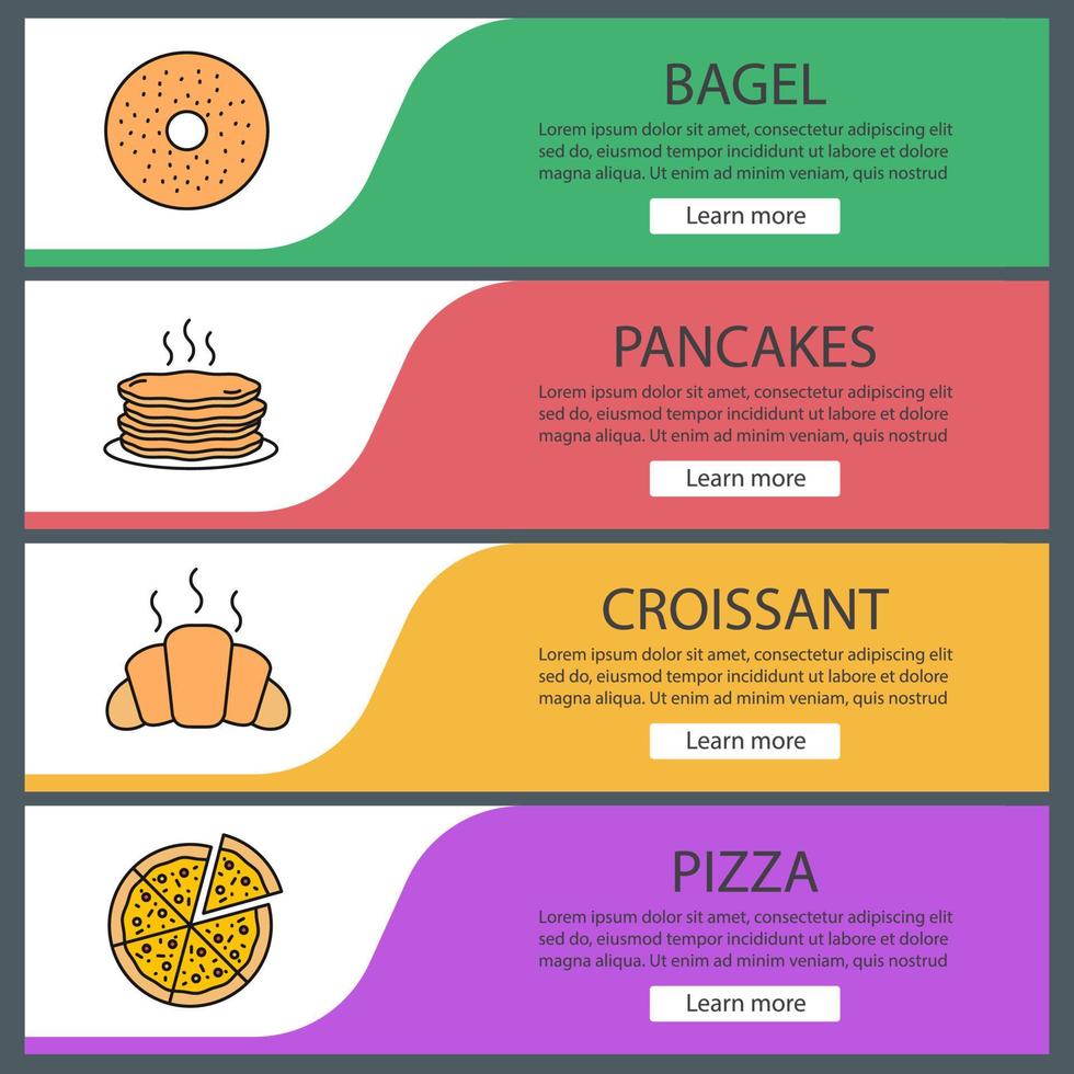 Bakery web banner templates set. Bagel, pancakes, croissant, sliced pizza. Website color menu items. Vector headers design concepts