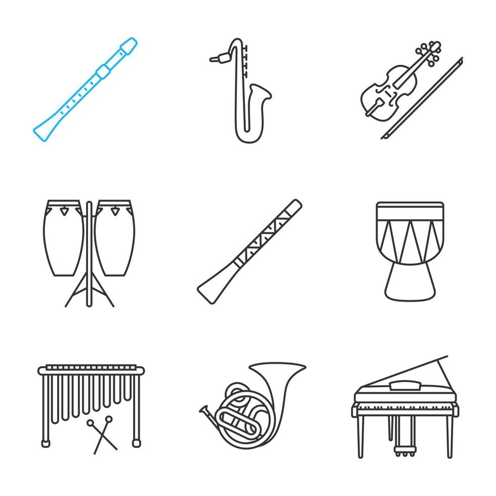 Musical instruments linear icons set. Didgeridoo, saxophone, violin, conga, flute, kendang, marimba, french horn, piano. Thin line contour symbols. Isolated vector outline illustrations