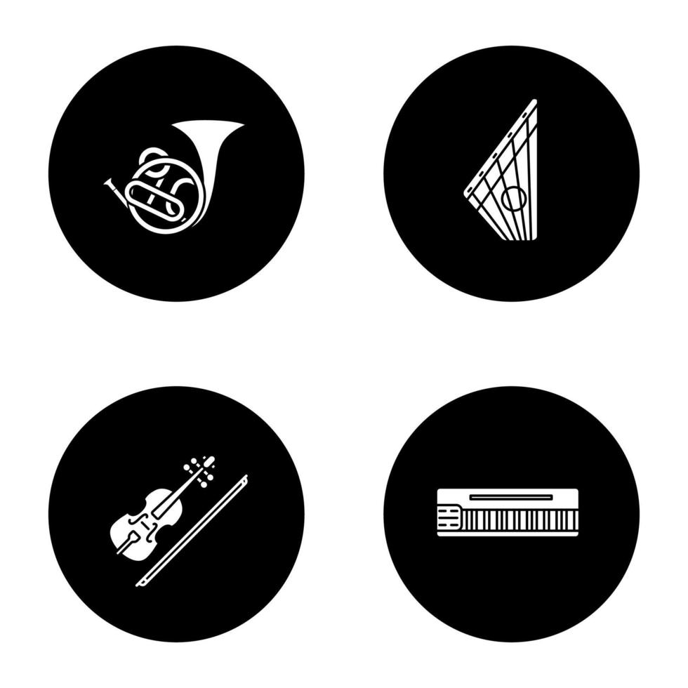 Musical instruments glyph icons set. French horn, gusli, violin, mellotron. Vector white silhouettes illustrations in black circles