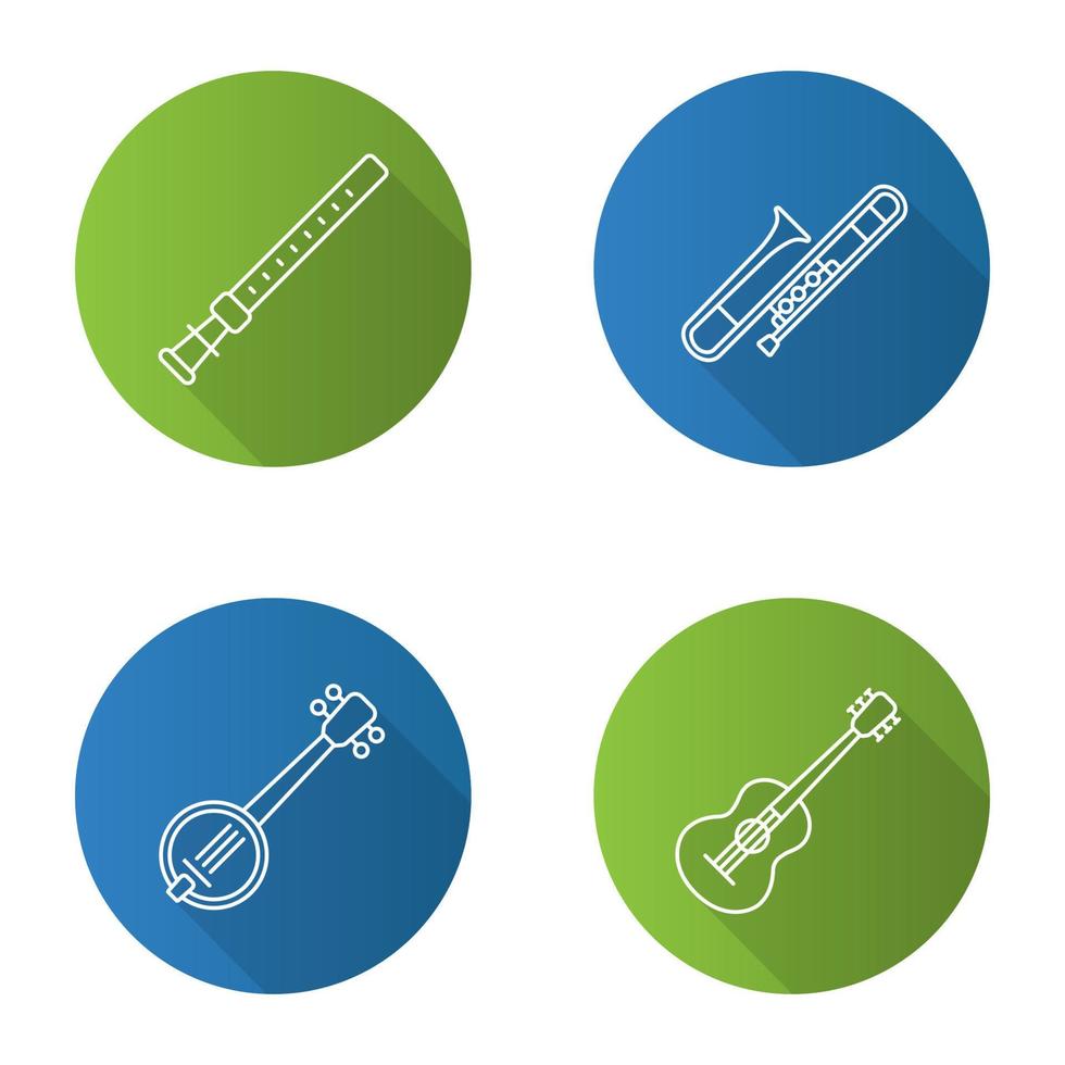 Musical instruments flat linear long shadow icons set. Duduk, guitar, banjo, trombone. Vector outline illustration