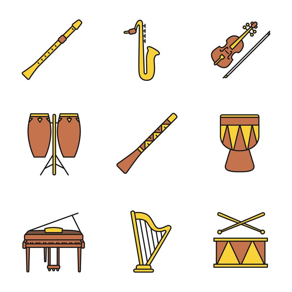 conjunto de iconos de colores de instrumentos musicales. flauta, saxofón, violín, conga, didgeridoo, kendang, piano, arpa, tambor. ilustraciones de vectores aislados