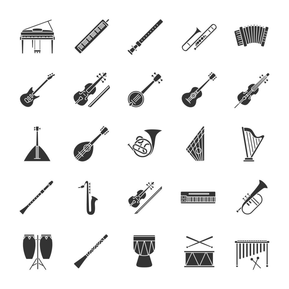 Musical instruments glyph icons set. Orchestra equipment. Stringed, wind, percussion instruments. Silhouette symbols. Vector isolated illustration