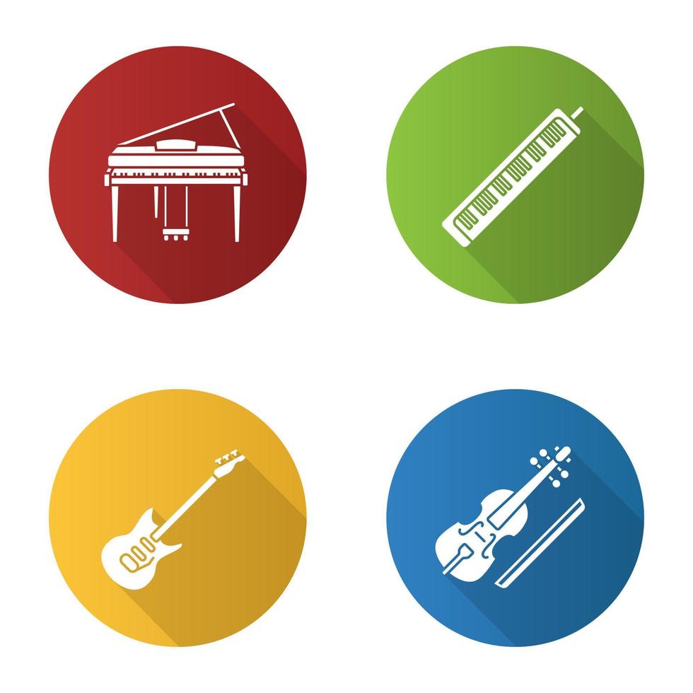 conjunto de iconos de glifo de sombra larga de diseño plano de instrumentos musicales. piano, melódica, guitarra eléctrica, viola. ilustración de silueta vectorial vector