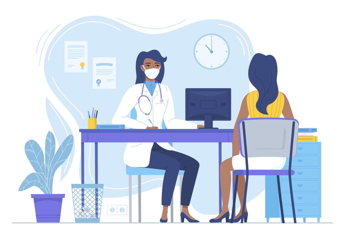 Black woman Doctor in face mask conculting patient black girl. Medcine, pandemic, lockdown therapy, health care, hospital workspace concept. Stock vector illustration in flat style isolated on white.