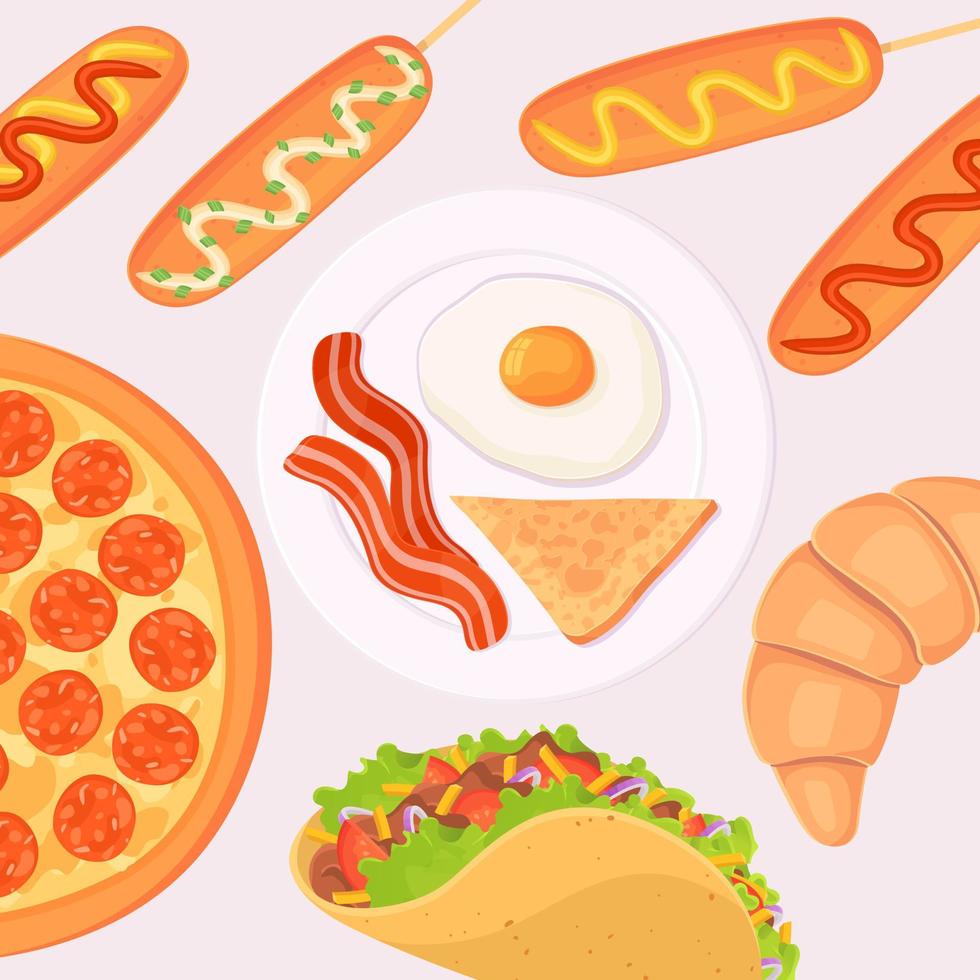 fondo de colección de cocina comida rápida. croissant, pizza, taco, tocino con huevo, perro de maíz en estilo de caricatura plana vector