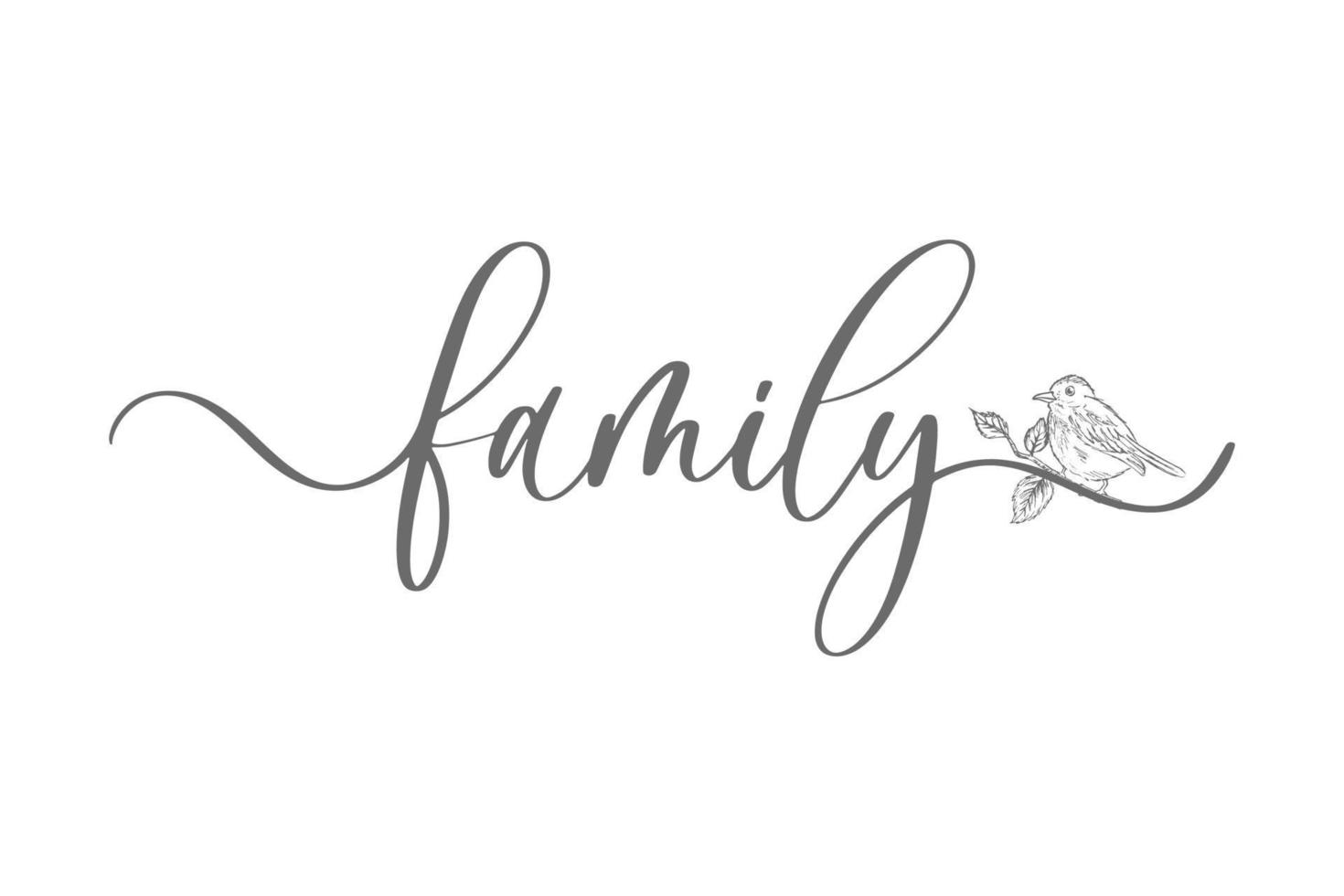 Family vector calligraphic inscription with sketch bird. Minimalistic hand lettering illustration.