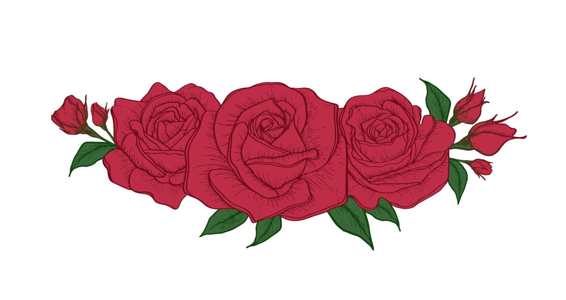 ramo rojo rosa y hojas. rosa para invitación de boda, tarjeta de saludo, paquete, camiseta, etiqueta, cumpleaños, día de san valentín, día de la madre, vacaciones y otros. vector