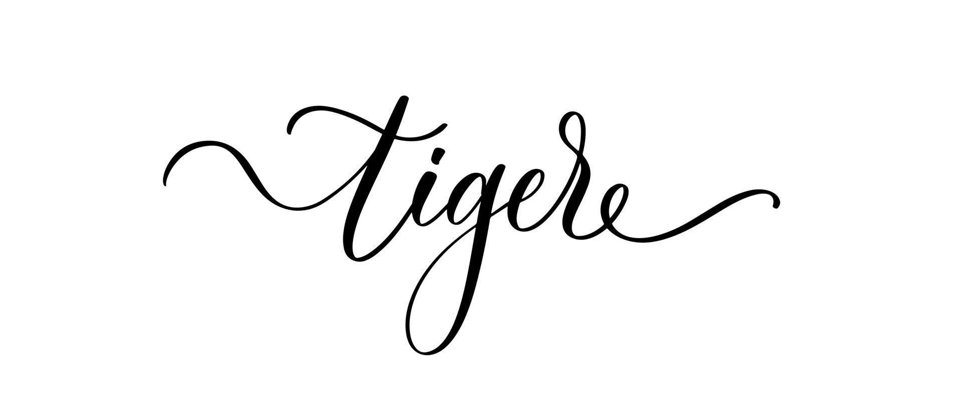 inscripción de caligrafía de tigre. frase de letras a mano para el diseño de paquetes, tarjeta, banner, superposición de fotos, logotipo. vector