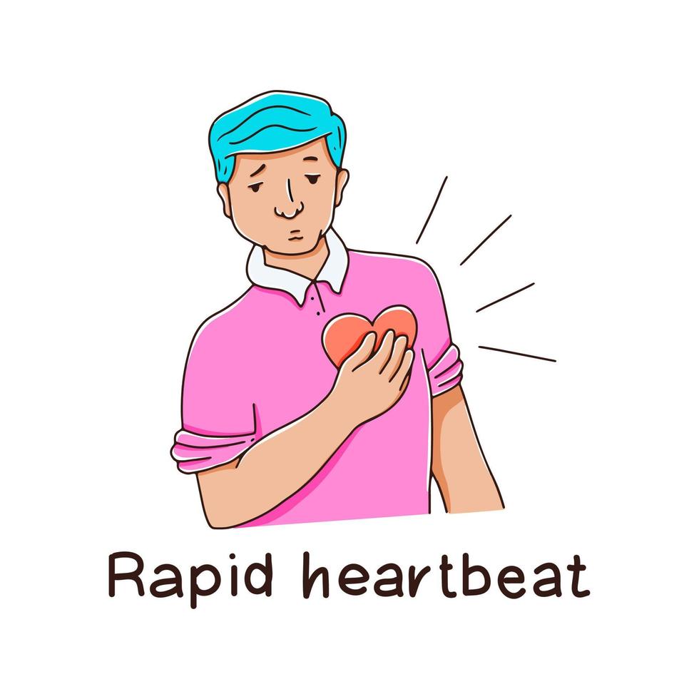 Cardiovascular diseases. The man is holding his heart. Long-term of covid-19. Vector hand drawn illustration