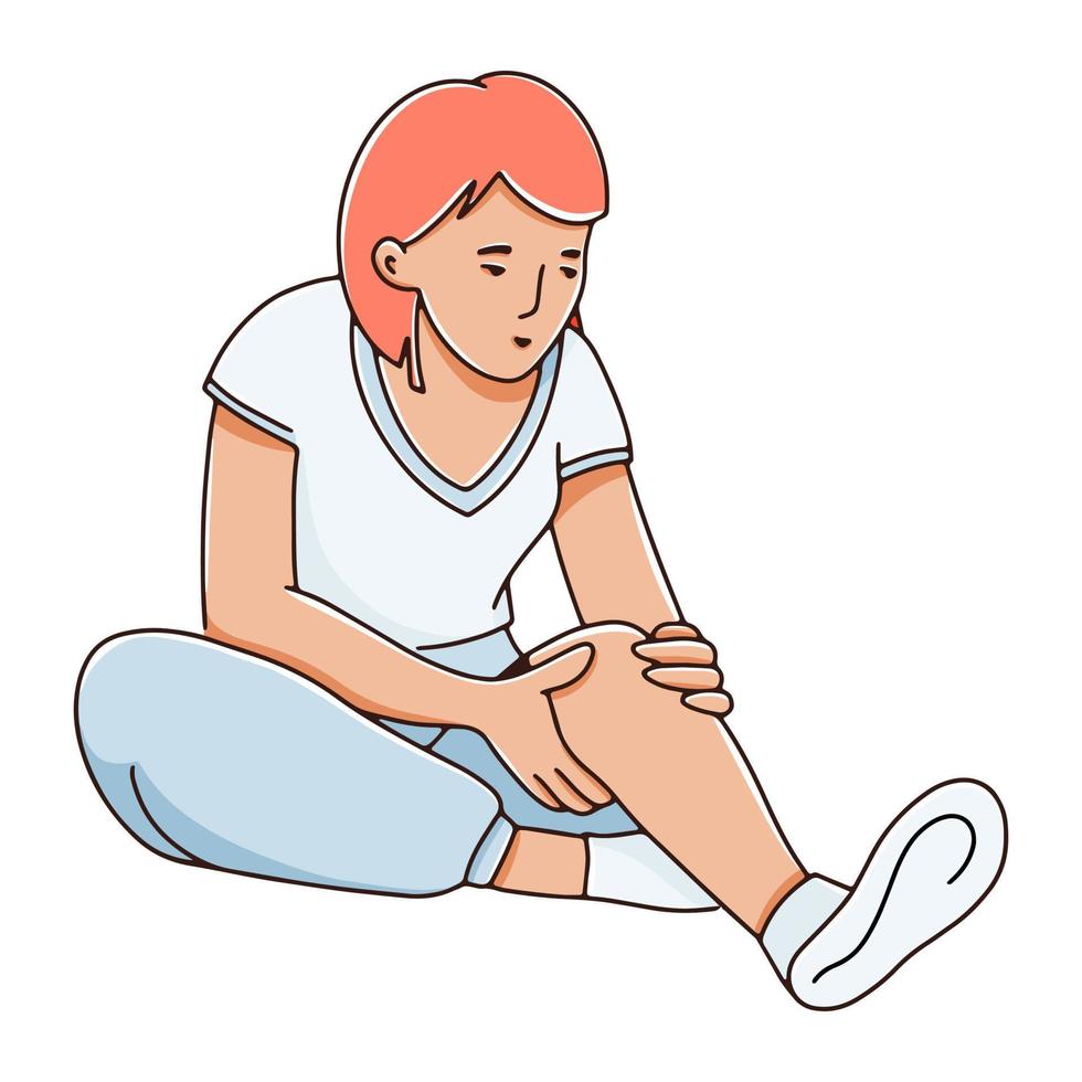 Pain in joints and muscles concept. A young girl is holding her knees with her hands. Vector illustration in hand drawn style