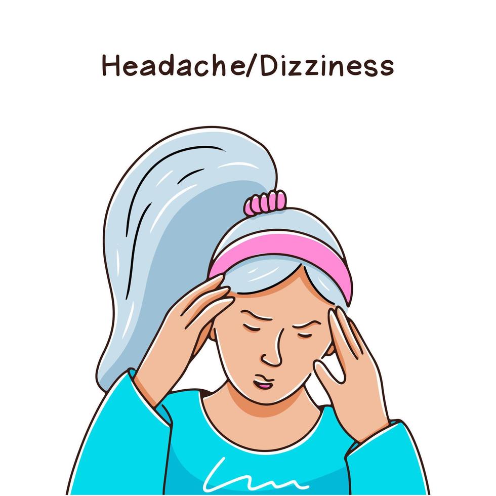 Headache and dizziness concept. A young girl holds her head with her hands. Vector illustration in hand drawn style