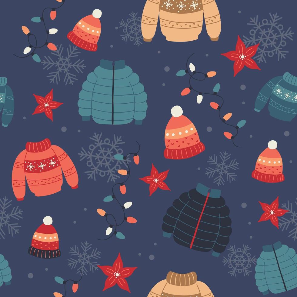 patrón navideño con suéteres, abrigos de invierno, sombreros y luces. fondo festivo con elementos dibujados a mano, ilustración vectorial vector