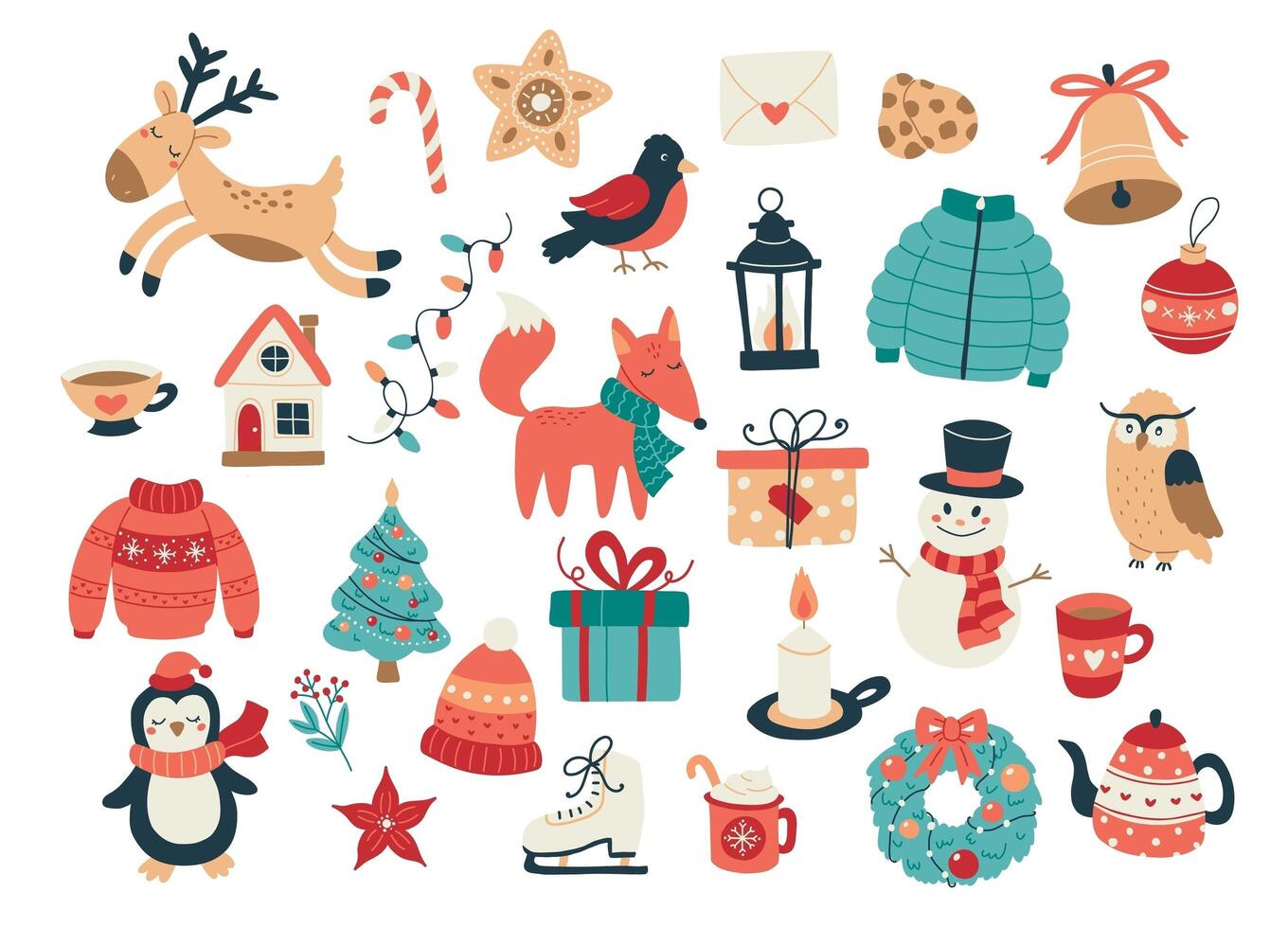 colección de navidad y año nuevo de lindos animales y elementos de temporada. aislado un fondo blanco. ilustración vectorial dibujada a mano vector