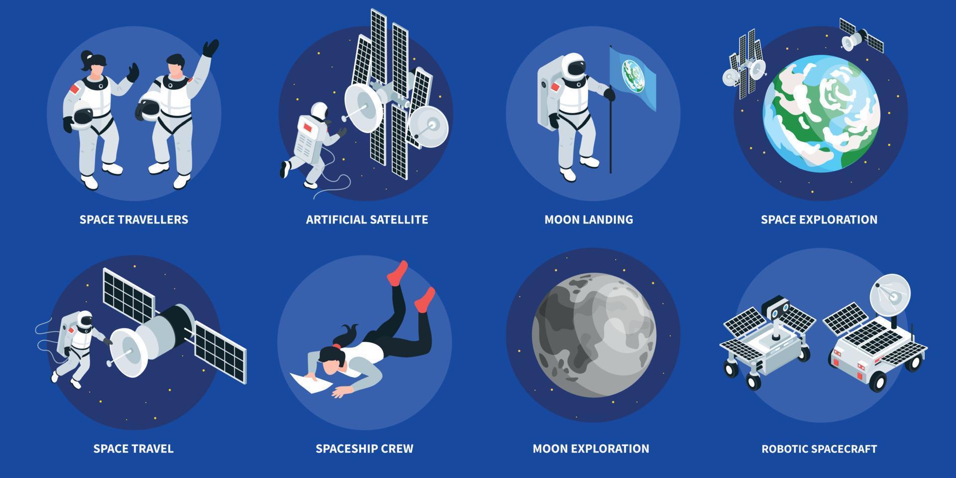 composiciones redondas isométricas de exploración espacial vector