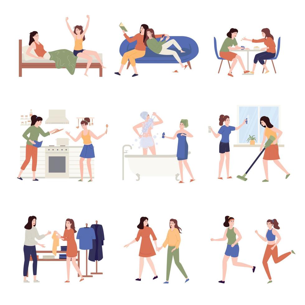 Women Couple Daily Life Set vector