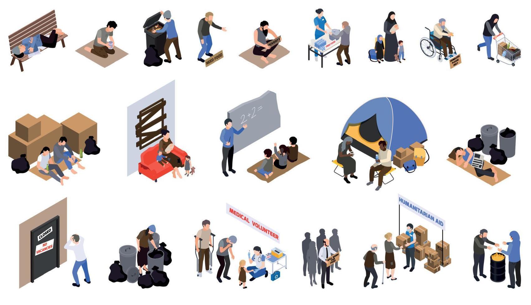 Poverty Isometric Icons Set vector