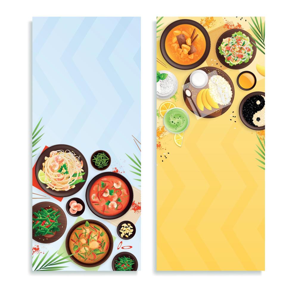 banners verticales planos de comida de cocina tailandesa vector