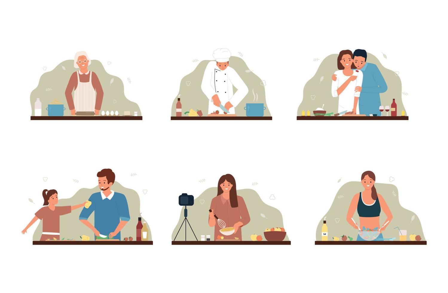 conjunto plano de personas de cocina vector