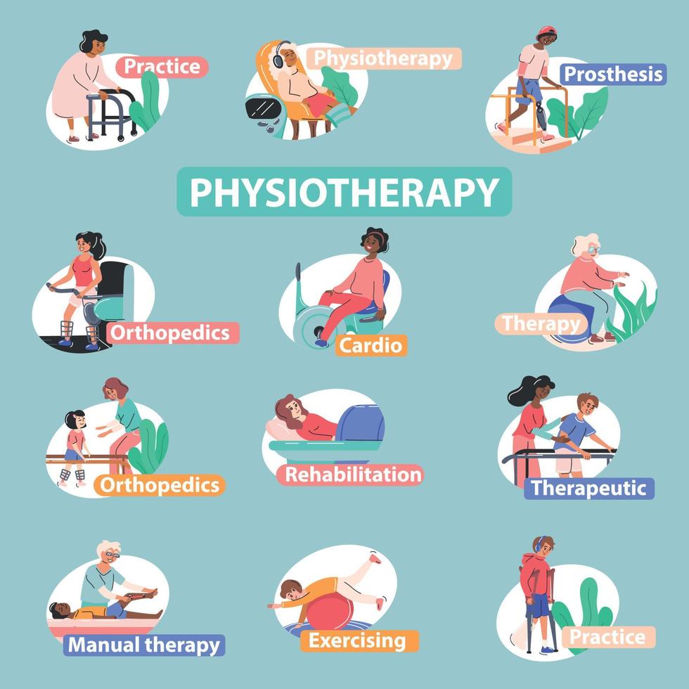 conjunto infográfico de fisioterapia y rehabilitación vector