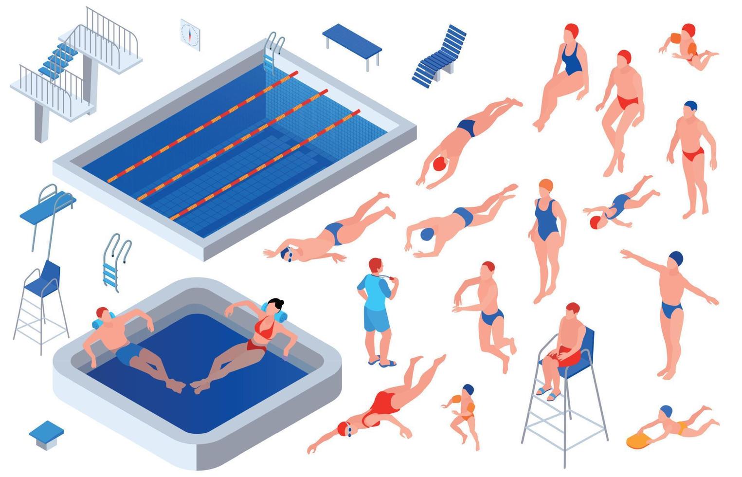 Colored Isometric Swimming Pool Icon Set vector