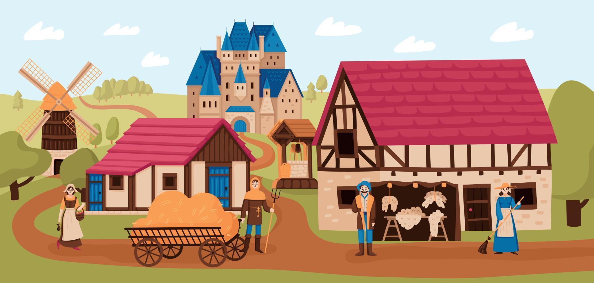 composición del paisaje del pueblo medieval vector