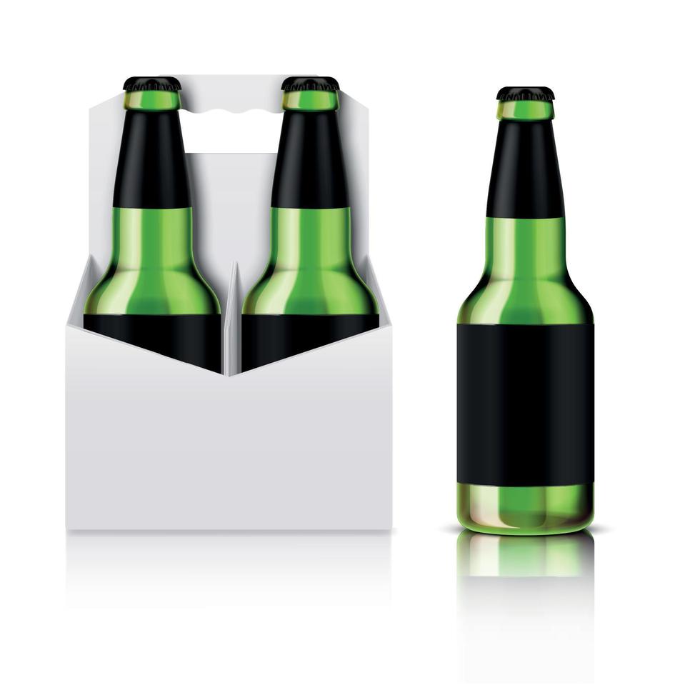 botellas de cerveza de vidrio verde con paquete de caja vector