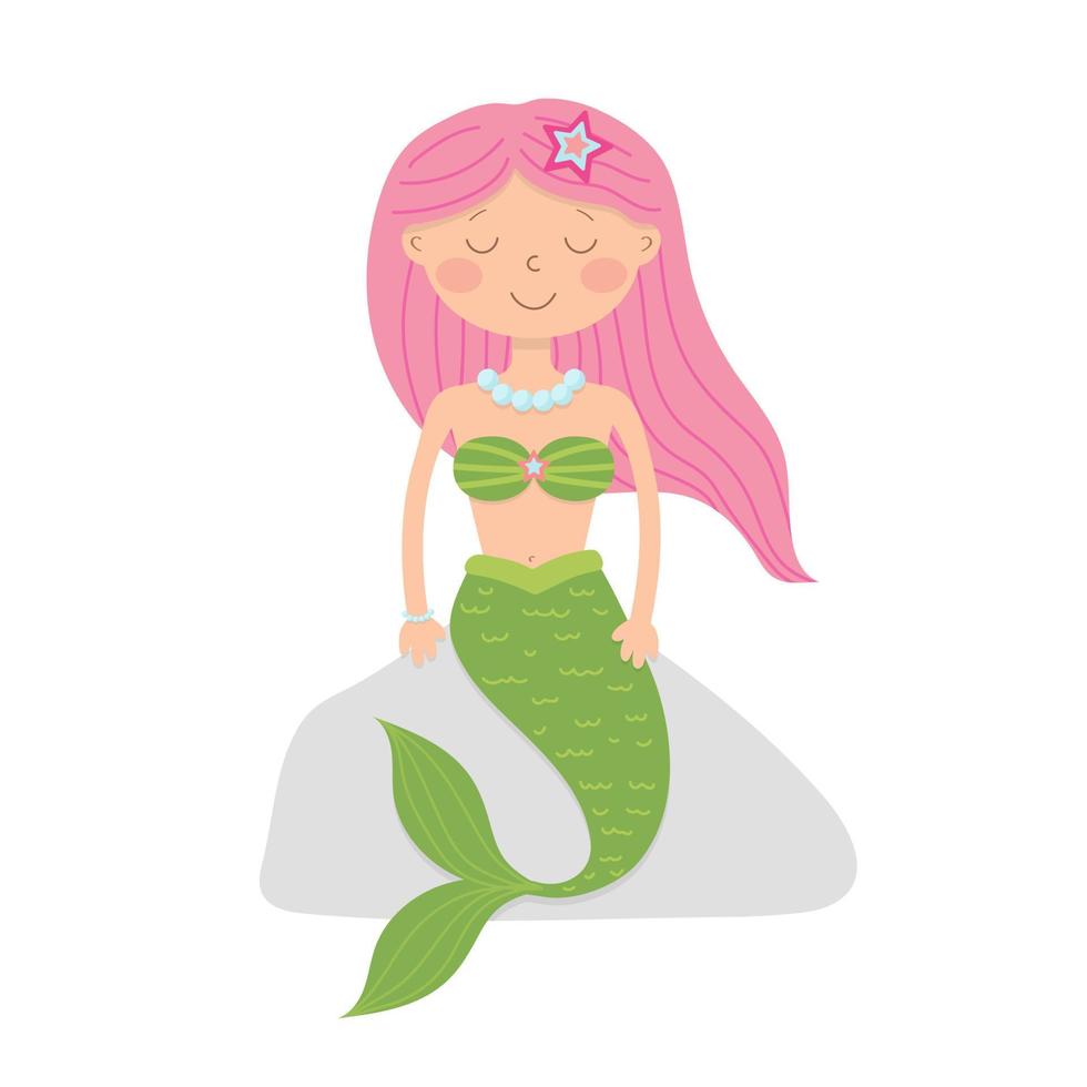 Cute little cartoon mermaid sitting on a rock. Isolated on a white background. vector