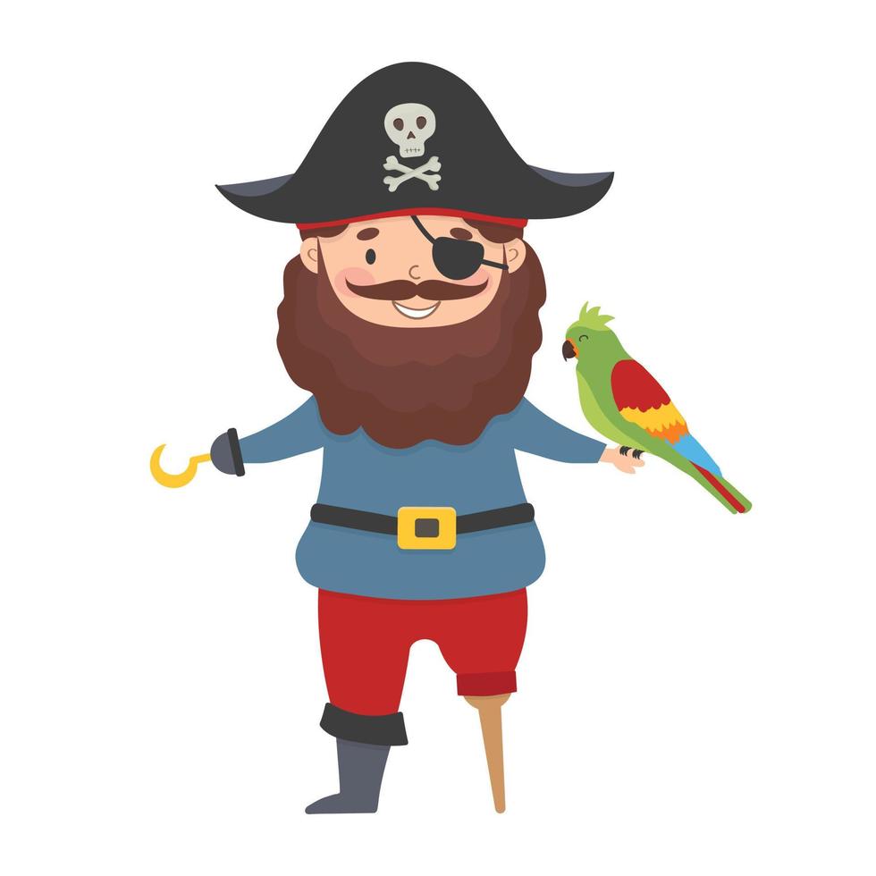 personaje de capitán pirata sonriente de dibujos animados, con un loro en la mano. vector