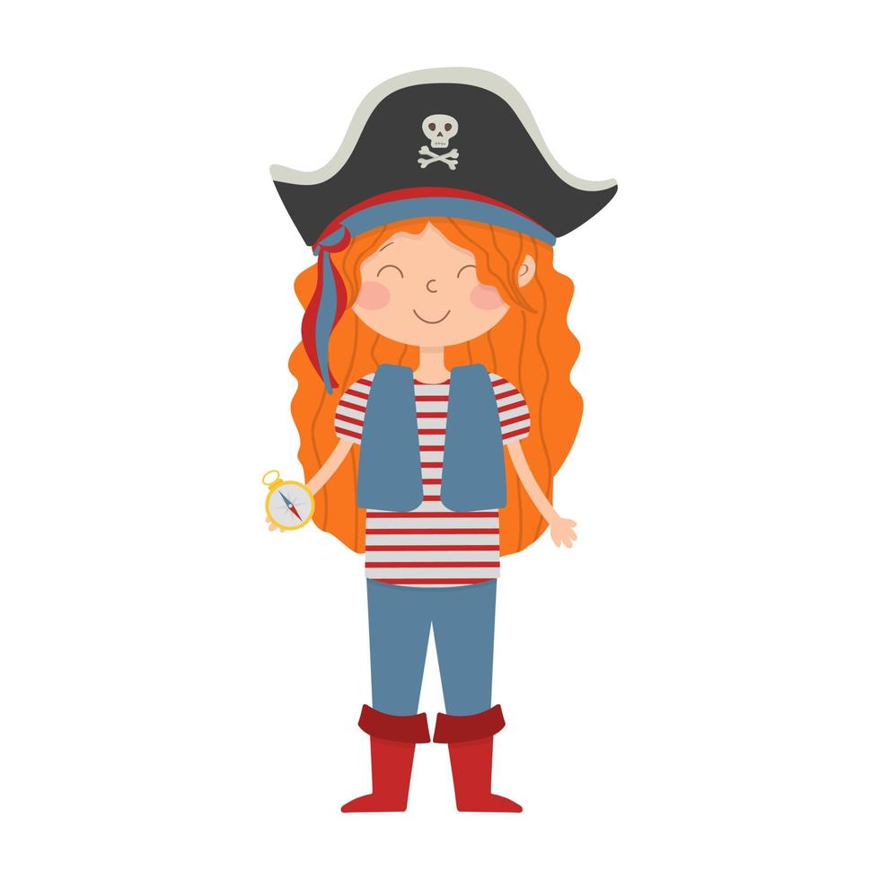 Linda chica pirata de dibujos animados, con un sombrero pirata y con una brújula en la mano. vector