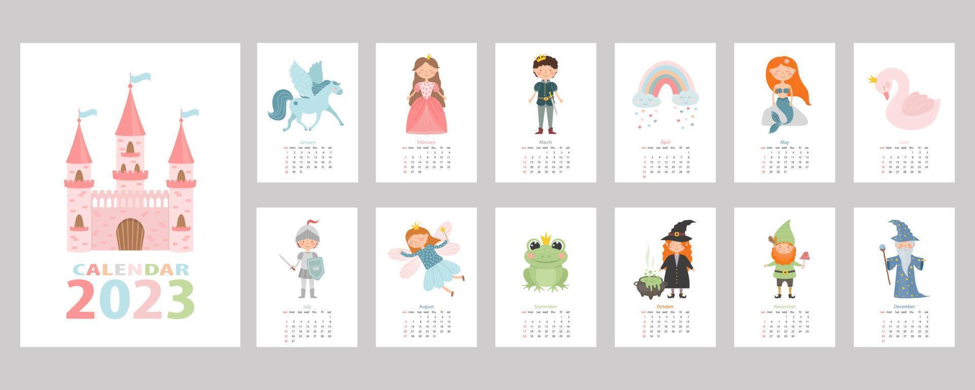 Fairytale Calendar for 2023, with cartoon characters, princess, prince, fairy, pegasus, stargazer, swan, knight, witch, mermaid, gnome, castle. vector