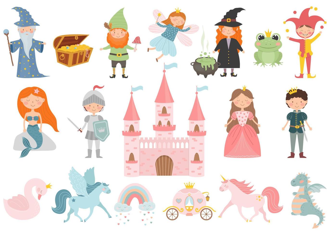 Set of cartoon fairy tale characters. Princess, prince, fairy, pegasus, stargazer, swan, knight, witch, mermaid, gnome, unicorn, frog princess, jester, carriage, dragon, castle. vector