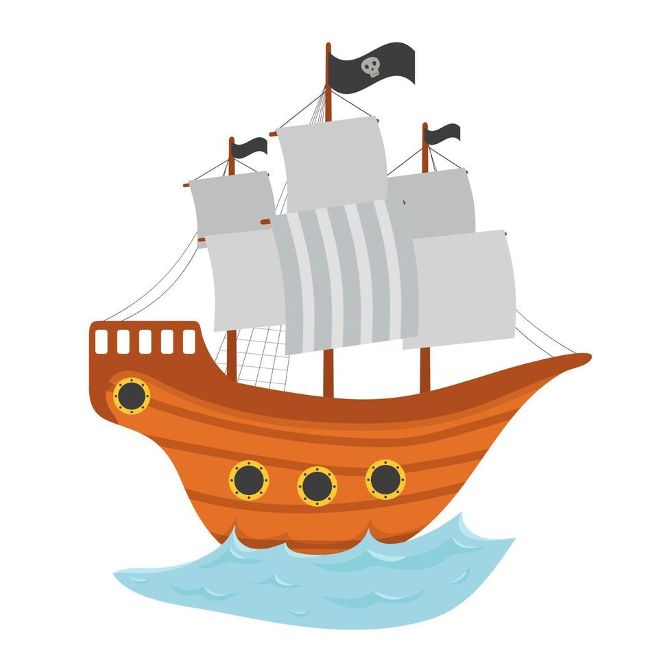 Cartoon wooden pirate ship, with black flags with skull and crossbones. vector