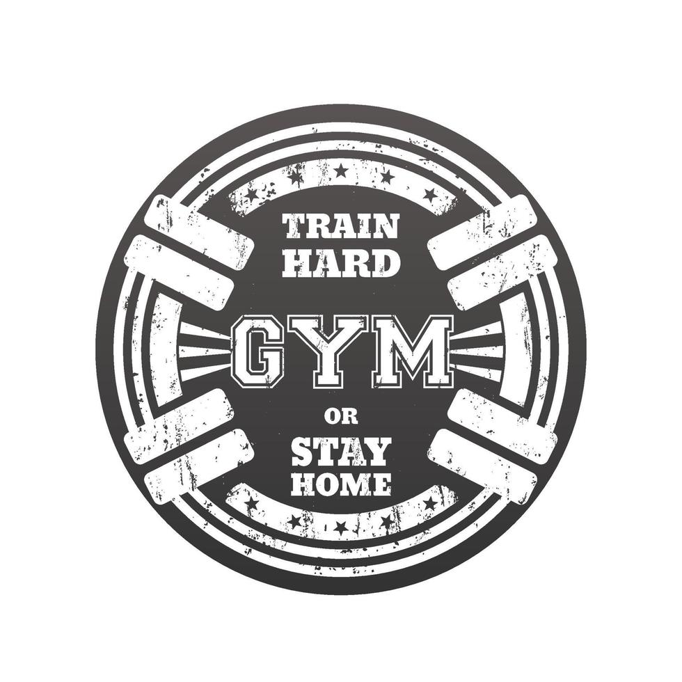 Round gym emblem, logo, badge with barbells over white vector