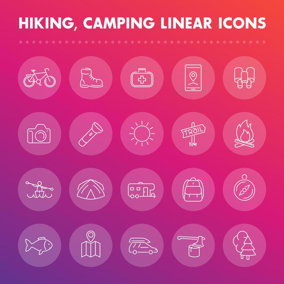 Hiking, camping, outdoor line icons set, boot, flashlight, tent, map, trail, kayak, forest, fishing, journey, camper vector